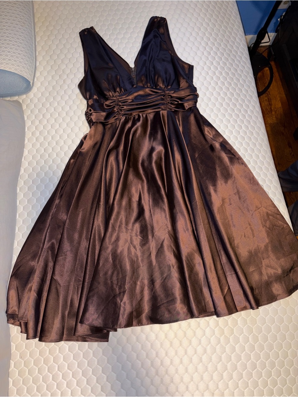 Satin V-Neck Cocktail Dress in Shimmering Chocolate